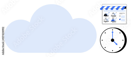 Cloud with an online storefront and a clock. Ideal for e-commerce, cloud computing, digital marketing, online business, time management, web services, and productivity. Line metaphor