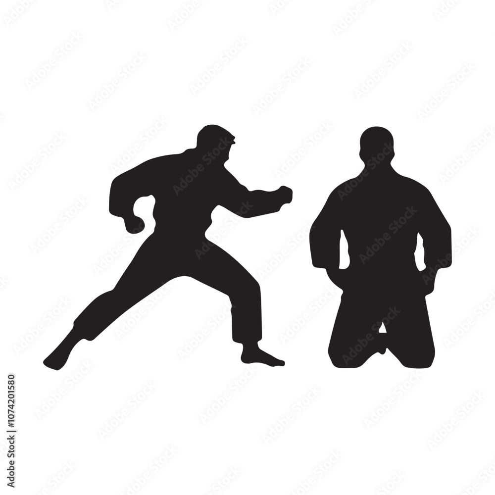 Obraz premium Silhouette of mix martial arts, Kungfu, boxing, karate, kick boxing, jujitsu, black silhouettes of people practicing judo. Shadows of the fighting men on a white background. Martial arts illustrations