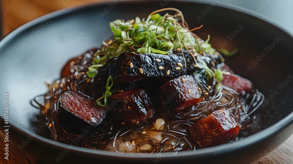 A plate of sundae, Korean blood sausage filled with glass noodles, barley, and pig’s blood.
A plate of sundae, Korean blood sausage filled with glass noodles, barley, and pig’s blood.