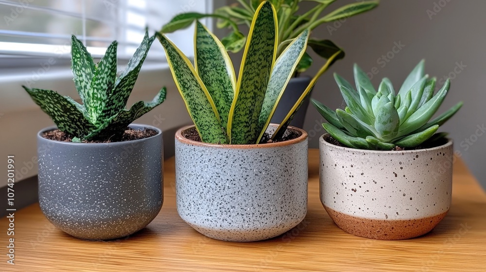 Indoor collection of three unique potted plants displayed on a wooden surface near a window with natural light Indoor collection of three unique potted plants displayed on a wooden surface near a window with natural light