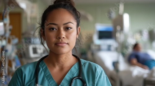 A young Pacific Islander woman stands confidently in a medical setting, dressed in scrubs with a stethoscope around her neck, showcasing dedication to healthcare.