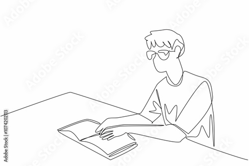 One line drawing of man sitting in study desk, learning braille language to communicate with people in global. World Braille Day. Touching book