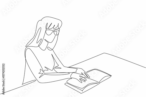 World Braille Day. Continuous line drawing of beauty woman try to read braille language from book. Sit in public library to learn reading ability.