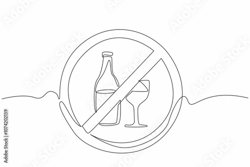 One line drawing of forbidden alcohol bottle and glass. Stop drinking liquor campaign. Urging people to healthy lifestyle with no beer. Dry January