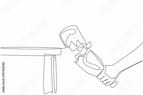 One line drawing of beer bottles were smashed at the end of the table until they broke into pieces. Stop and say no to alcohol campaign. Dry January