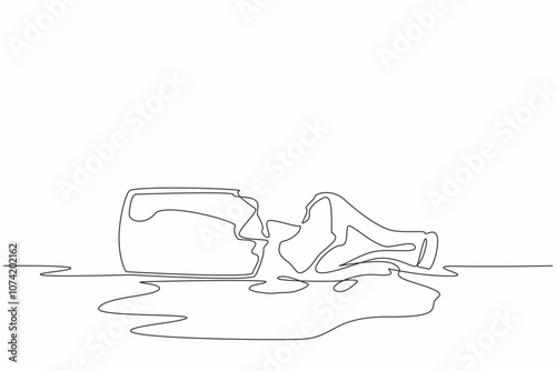 Continuous line drawing of shattered beer bottle into broken glass. Dry January. No alcohol month. Stop and abstain drinking, public health campaign.