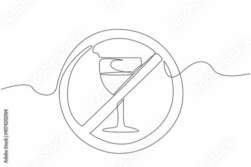 Continuous line drawing of forbidden glass of wine. Dry January abstain alcohol campaign month. Say stop and no to alcohol for self and public health
