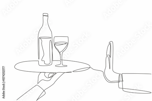 One line drawing a hand make a stop gesture to prevent alcohol drink in glass and bottle. Dry January international event to forbid drinking alcohol