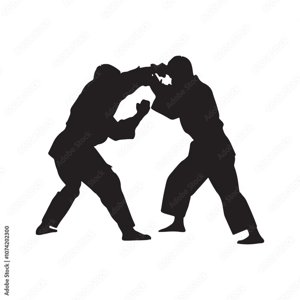 Silhouette of mix martial arts, Kungfu, boxing, karate, kick boxing, jujitsu, black silhouettes of people practicing judo. Shadows of the fighting men on a white background. Martial arts illustrations Silhouette of mix martial arts, Kungfu, boxing, karate, kick boxing, jujitsu, black silhouettes of people practicing judo. Shadows of the fighting men on a white background. Martial arts illustrations