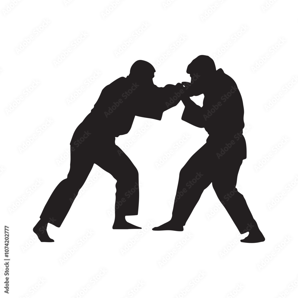 Silhouette of mix martial arts, Kungfu, boxing, karate, kick boxing, jujitsu, black silhouettes of people practicing judo. Shadows of the fighting men on a white background. Martial arts illustrations Silhouette of mix martial arts, Kungfu, boxing, karate, kick boxing, jujitsu, black silhouettes of people practicing judo. Shadows of the fighting men on a white background. Martial arts illustrations