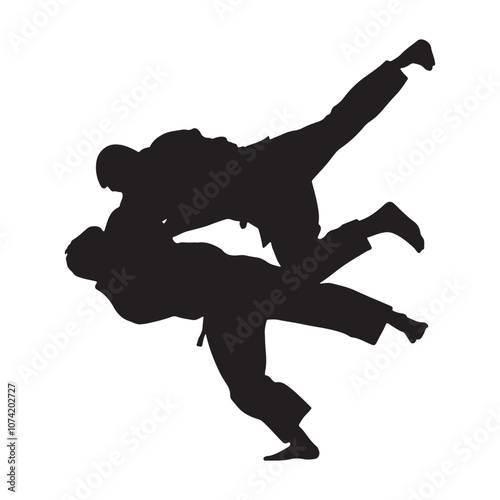 Silhouette of mix martial arts, Kungfu, boxing, karate, kick boxing, jujitsu, black silhouettes of people practicing judo. Shadows of the fighting men on a white background. Martial arts illustrations