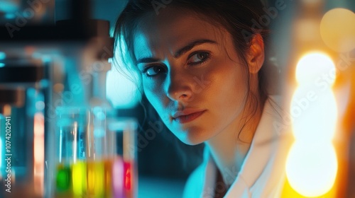 A young European female scientist focuses intently as she conducts experiments in a colorful laboratory setting. The ambient light highlights her determination and professionalism. photo