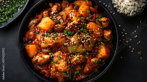 A serving of dakgalbi, spicy stir-fried chicken with cabbage, sweet potatoes, and rice cakes.