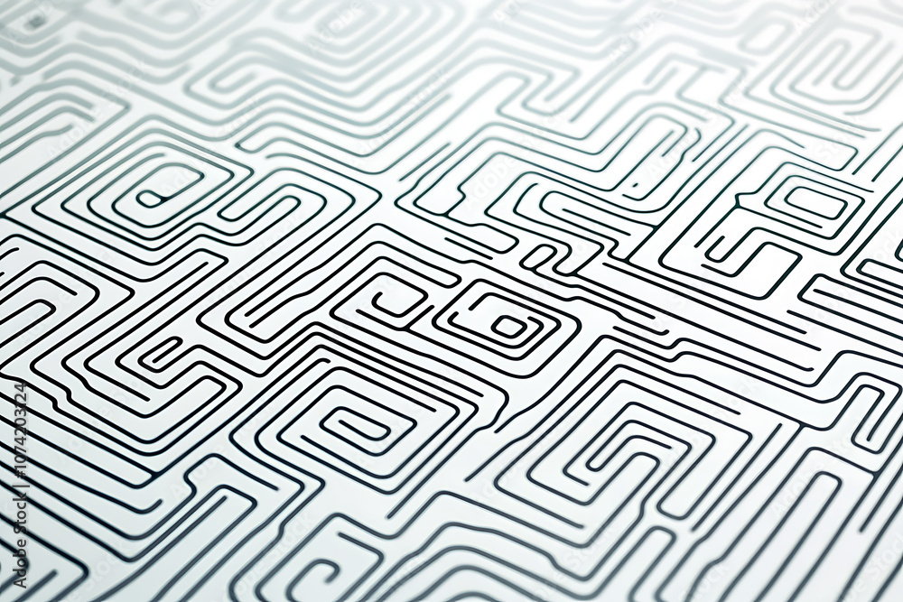 Intricate black and white maze pattern with winding lines, creating an abstract geometric background. Ideal for design projects, textures, and visual concepts. Intricate black and white maze pattern with winding lines, creating an abstract geometric background. Ideal for design projects, textures, and visual concepts.