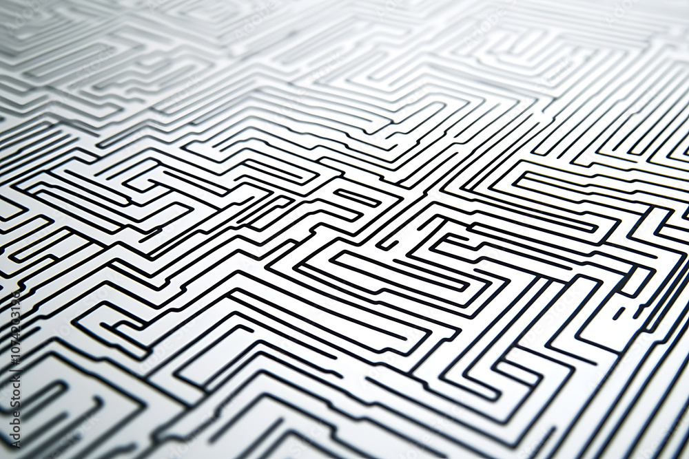 Intricate black and white maze pattern with winding lines, creating an abstract geometric background. Ideal for design projects, textures, and visual concepts.
