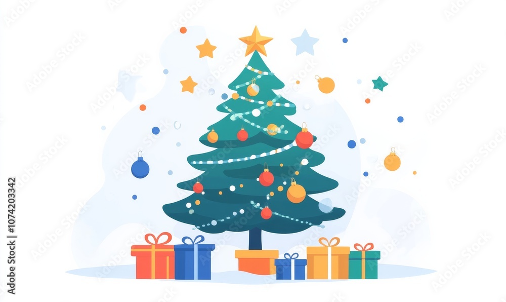 Christmas tree with gifts, a illustration set on a white background.
