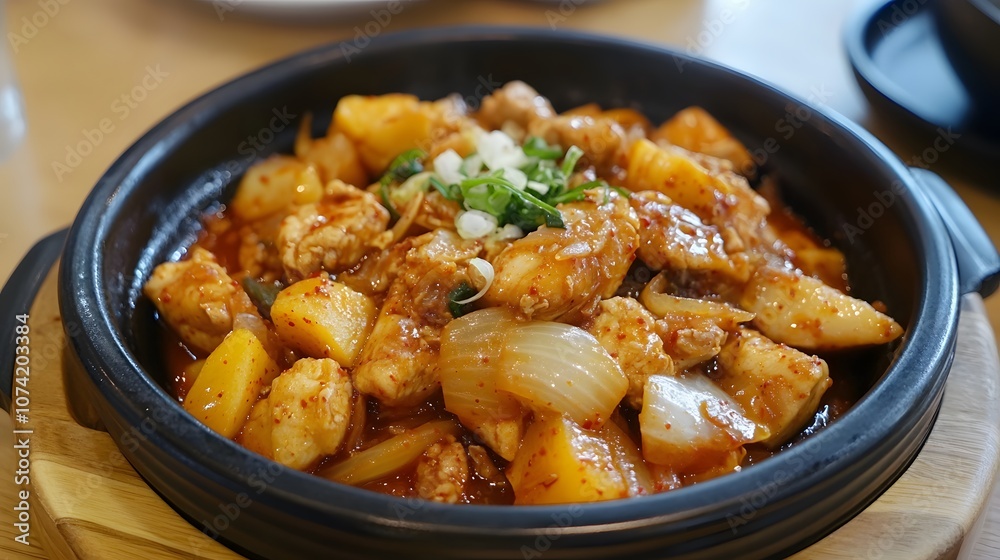 A serving of dakgalbi, spicy stir-fried chicken with cabbage, sweet potatoes, and rice cakes.


