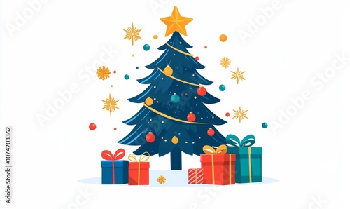 Christmas tree with gifts, a illustration set on a white background.