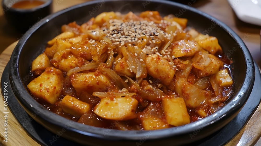 A serving of dakgalbi, spicy stir-fried chicken with cabbage, sweet potatoes, and rice cakes.
A serving of dakgalbi, spicy stir-fried chicken with cabbage, sweet potatoes, and rice cakes.