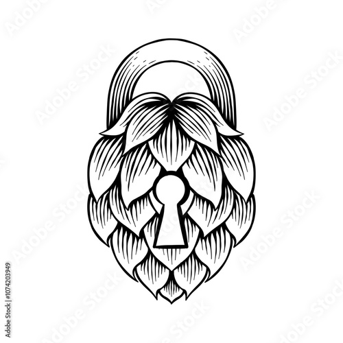 hand drawn illustration of hops combined padlock