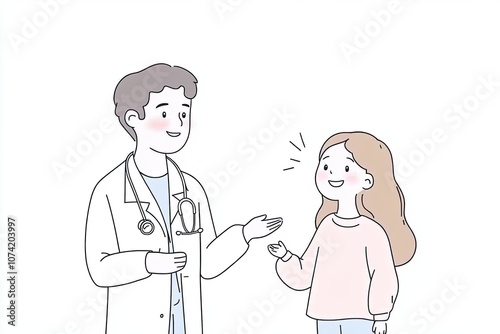 A doctor conducts a routine checkup for a young child, fostering a friendly atmosphere. The interaction emphasizes care, trust, and health management in a medical setting.