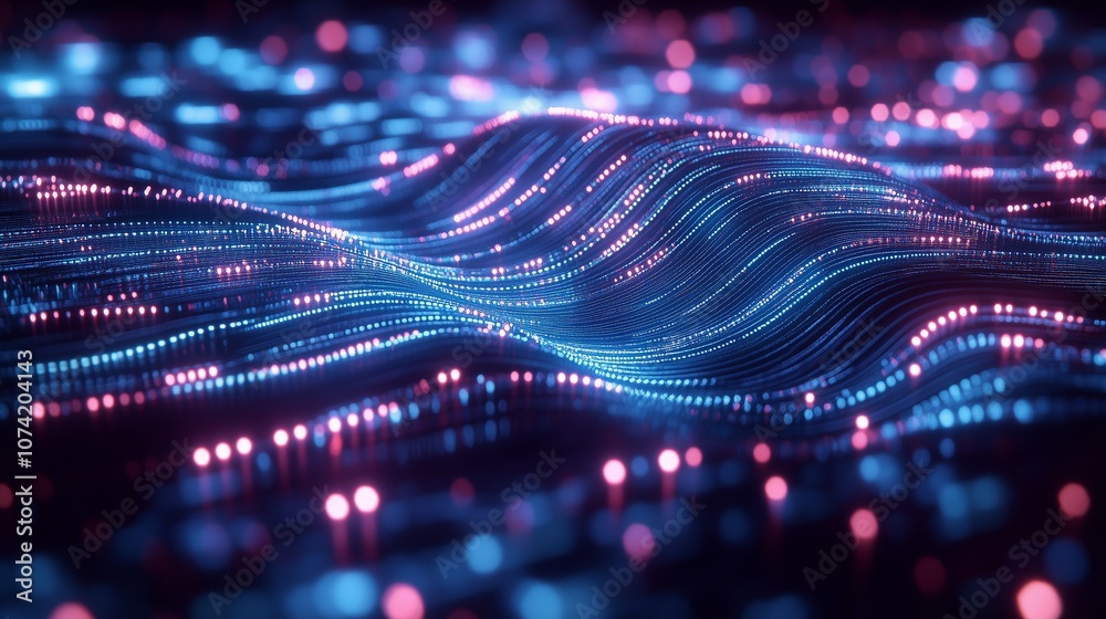 A futuristic displays a flowing, wave-like pattern of glowing blue and pink lights, resembling a digital or futuristic data stream in motion.