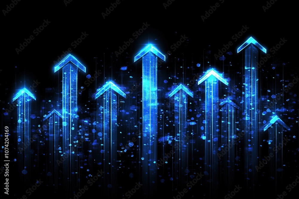 Multiple glowing blue arrows pointing upwards on a black background, representing growth, progress, and success. Multiple glowing blue arrows pointing upwards on a black background, representing growth, progress, and success.
