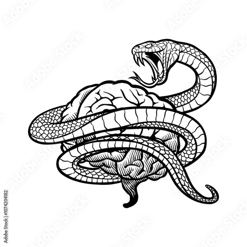 black and white illustration of a brain wrapped around a vicious snake photo