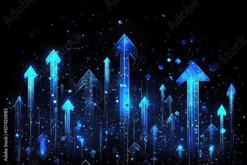 Abstract blue glowing arrows pointing upwards, on a dark background, representing success, growth, and progress.