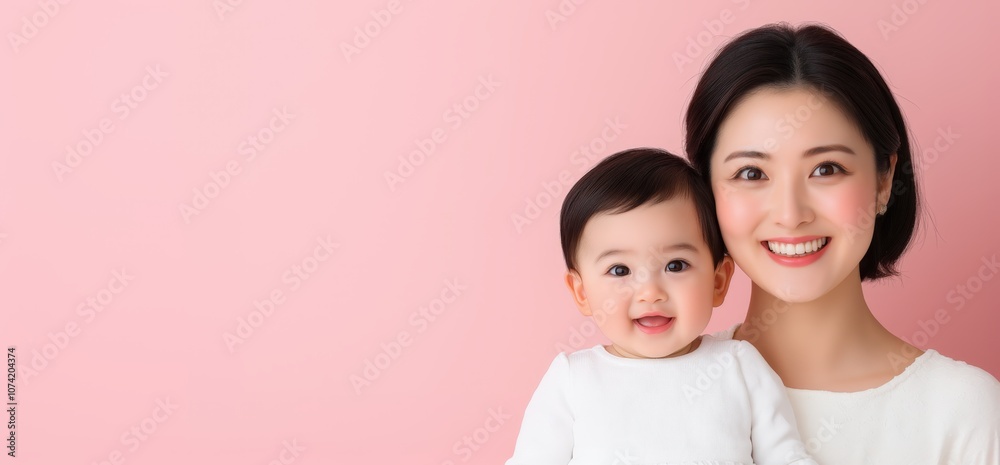 Mother holding smiling baby against a soft pink background in a warm and joyful setting Mother holding smiling baby against a soft pink background in a warm and joyful setting