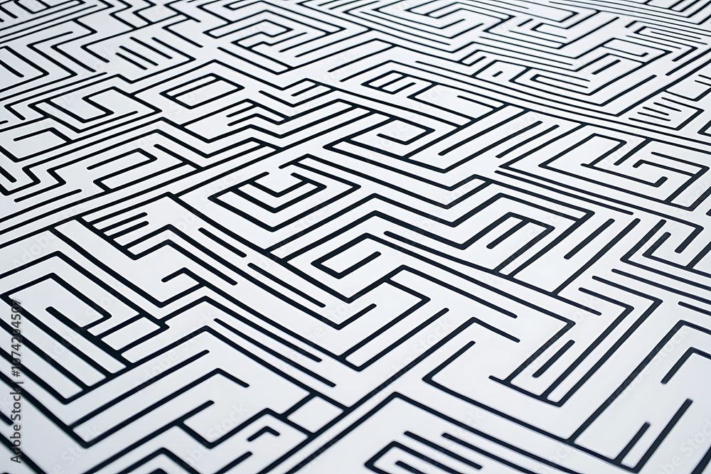 Intricate black and white maze pattern with winding lines, creating an abstract geometric background. Ideal for design projects, textures, and visual concepts. Intricate black and white maze pattern with winding lines, creating an abstract geometric background. Ideal for design projects, textures, and visual concepts.