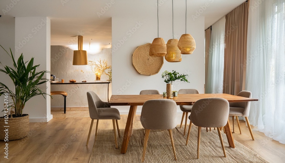 Ai Generate Modern and stylish dining room interior with glamour wooden table , elegant chairs and design decoration Home decor Minimalistic concept of interior design Ai Generate Modern and stylish dining room interior with glamour wooden table , elegant chairs and design decoration Home decor Minimalistic concept of interior design