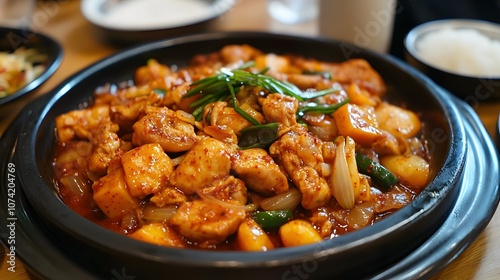 A serving of dakgalbi, spicy stir-fried chicken with cabbage, sweet potatoes, and rice cakes.



