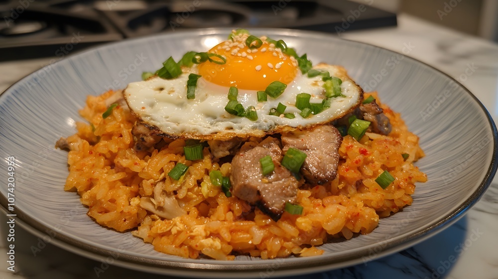 A serving of kimchi bokkeumbap, fried rice with kimchi, pork, and a fried egg on top.
A serving of kimchi bokkeumbap, fried rice with kimchi, pork, and a fried egg on top.