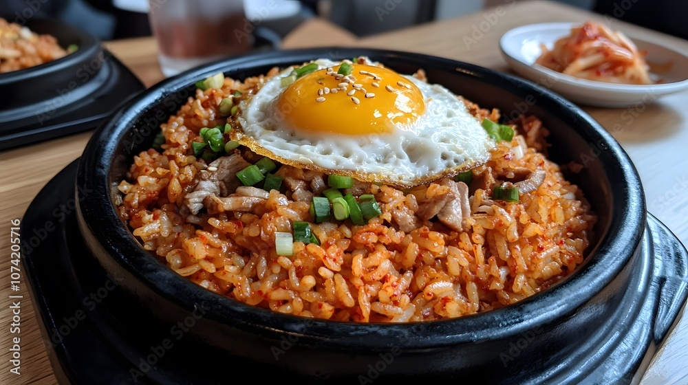 A serving of kimchi bokkeumbap, fried rice with kimchi, pork, and a fried egg on top.
A serving of kimchi bokkeumbap, fried rice with kimchi, pork, and a fried egg on top.