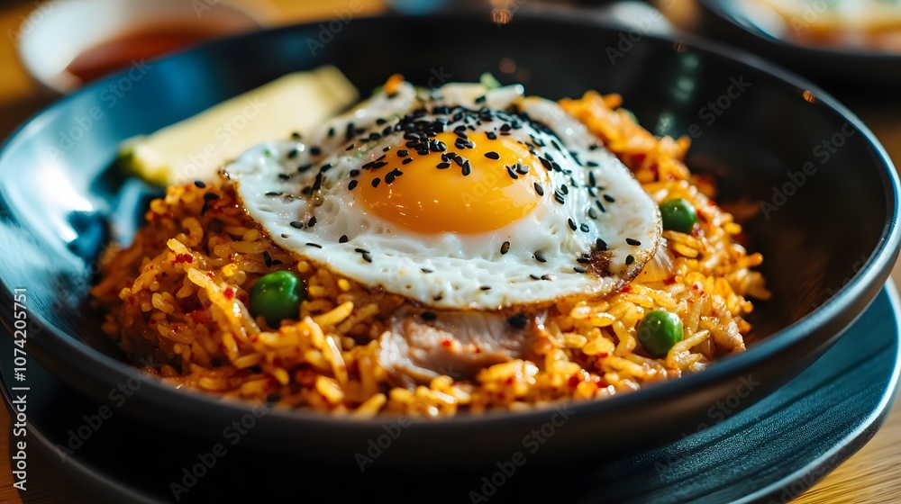 A serving of kimchi bokkeumbap, fried rice with kimchi, pork, and a fried egg on top.
A serving of kimchi bokkeumbap, fried rice with kimchi, pork, and a fried egg on top.