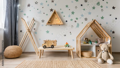 Ai Generate Stylish and cozy childroom with wooden accessories, toys, mountain box, car, basket and stars pattern on the background wall Bright and sunny interior ,  photo