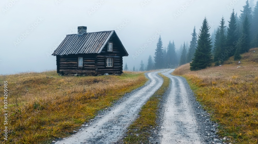 Enigmatic Journey: Discovering a Secluded Log Cabin in Enshrouded Pine Forest, Adventure Exploration Concept Enigmatic Journey: Discovering a Secluded Log Cabin in Enshrouded Pine Forest, Adventure Exploration Concept