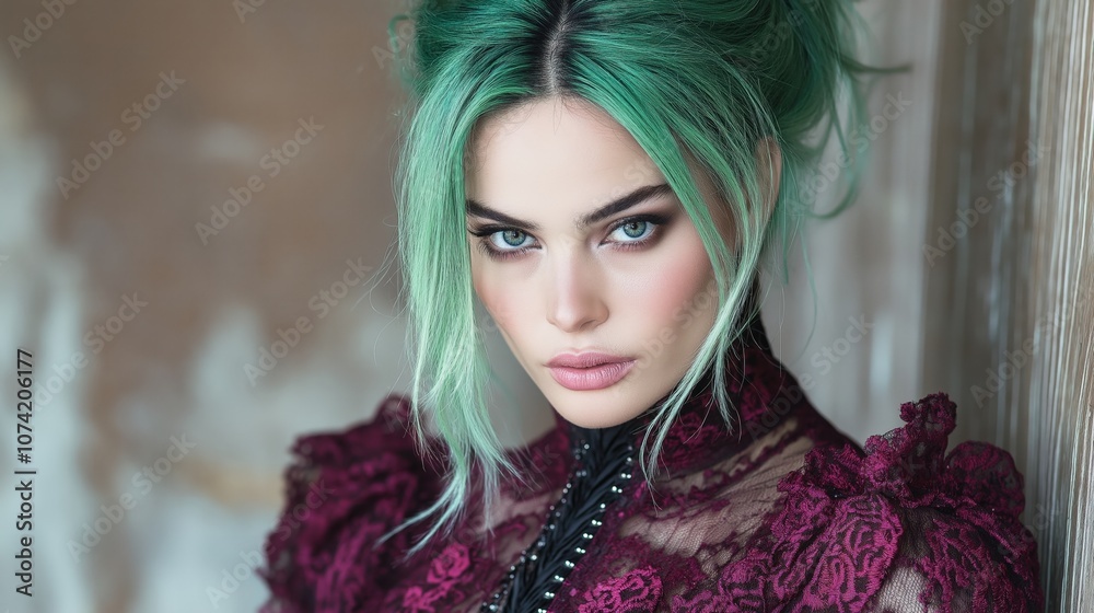 Young woman with striking green hair wearing a burgundy dress poses elegantly against a textured wall indoors Young woman with striking green hair wearing a burgundy dress poses elegantly against a textured wall indoors