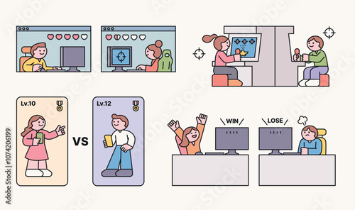 The two people are competing in various games: online games, arcade games, and mobile games. Cuttiny outline character illustration