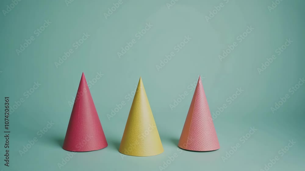 Three party hats sit on a light blue surface Three party hats sit on a light blue surface