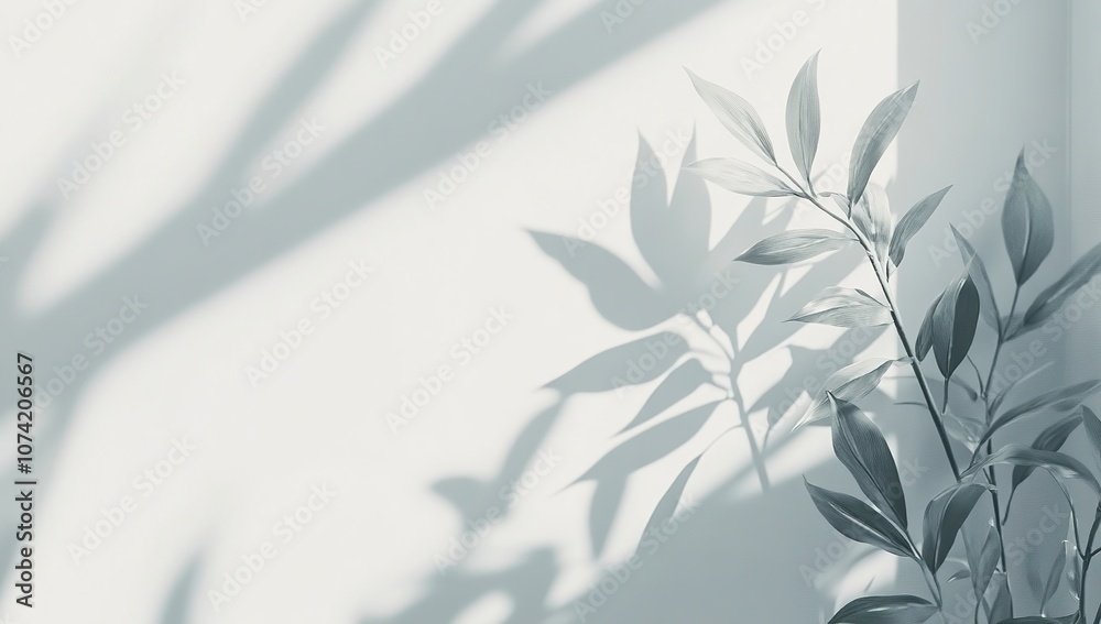 Sunlight casts a long shadow of a leafy plant against a white wall. Sunlight casts a long shadow of a leafy plant against a white wall.