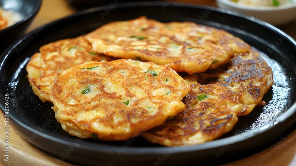 A serving of kimchi pancakes (kimchijeon), savory pancakes made with kimchi and flour, pan-fried until crispy.
A serving of kimchi pancakes (kimchijeon), savory pancakes made with kimchi and flour, pan-fried until crispy.