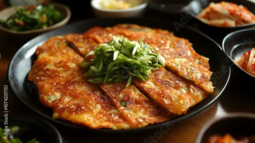 A serving of kimchi pancakes (kimchijeon), savory pancakes made with kimchi and flour, pan-fried until crispy.