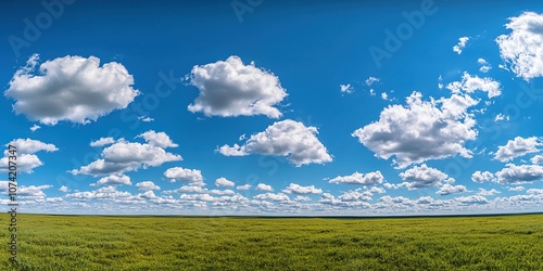 A panoramic view of a grassy field under a bright blue sky with fluffy white clouds.