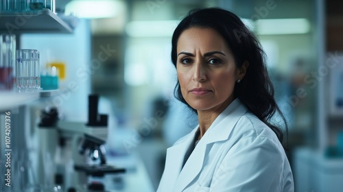 A middle aged Middle Eastern woman in a lab coat shows a serious expression in a modern laboratory. The image conveys professionalism and dedication in scientific research.