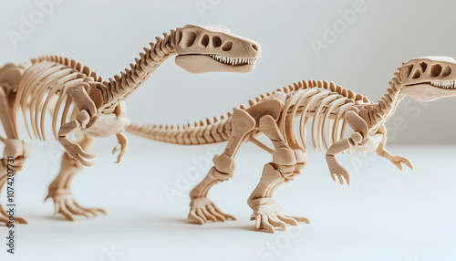 Two wooden dinosaur skeletons posed on a white surface.