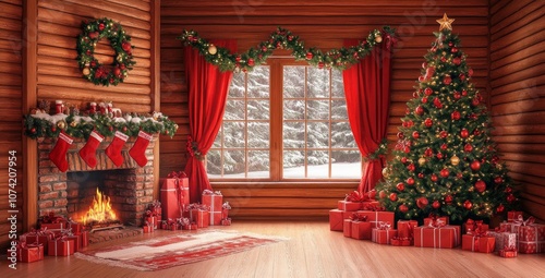 A Christmas tree with presents underneath, a fireplace, and a window in a wooden room decorated for the holiday.