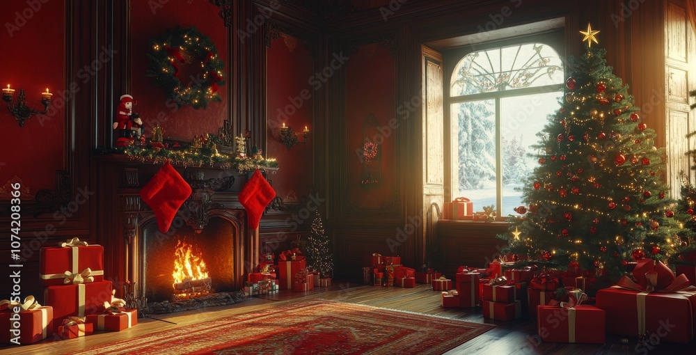 A Christmas tree with presents underneath, a fireplace, and a window in a wooden room decorated for the holiday.
