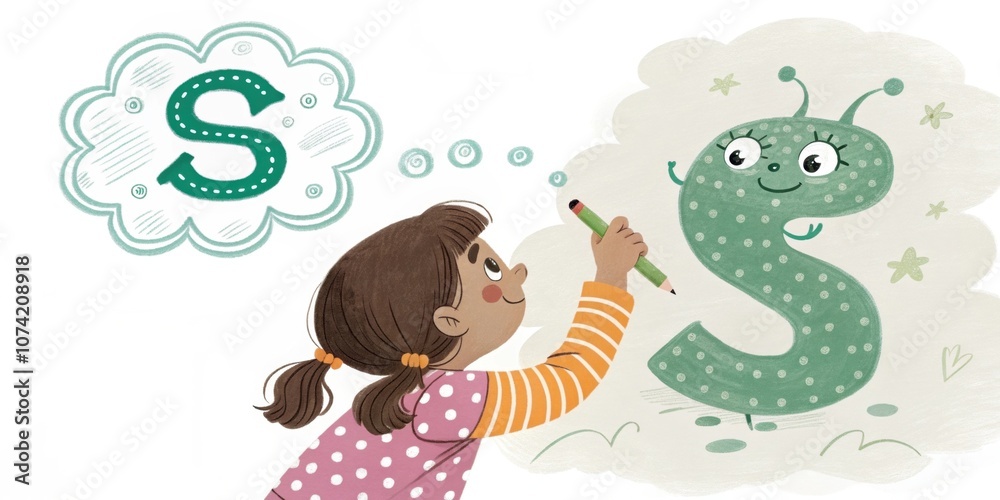 Fototapeta premium Imaginative Ss A child with pigtails drawing a s with polka dots using a green marker. A thought bubble above her head shows her imagining the s as a friendly creature.